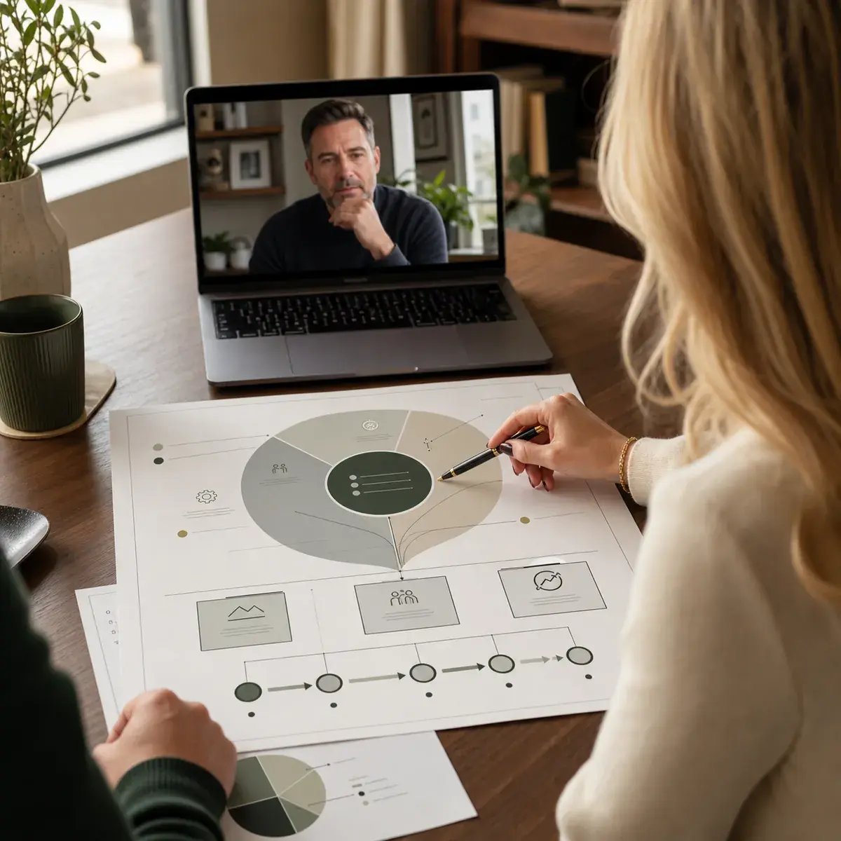 Executive partner virtually guiding a business owner through assessment findings, priorities, and a practical roadmap