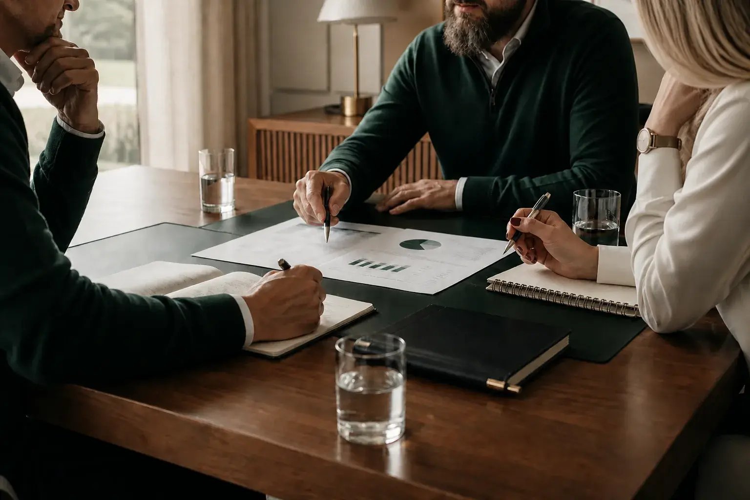 Three experienced business leaders reviewing operating and financial performance together.