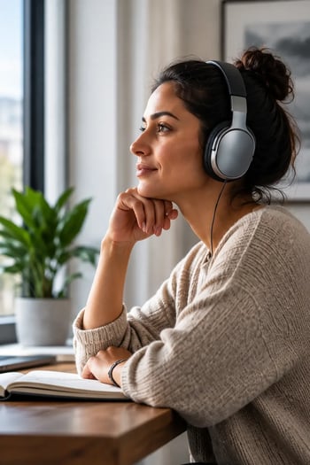 Woman wearing headphones while seated beside a window with an open notebook