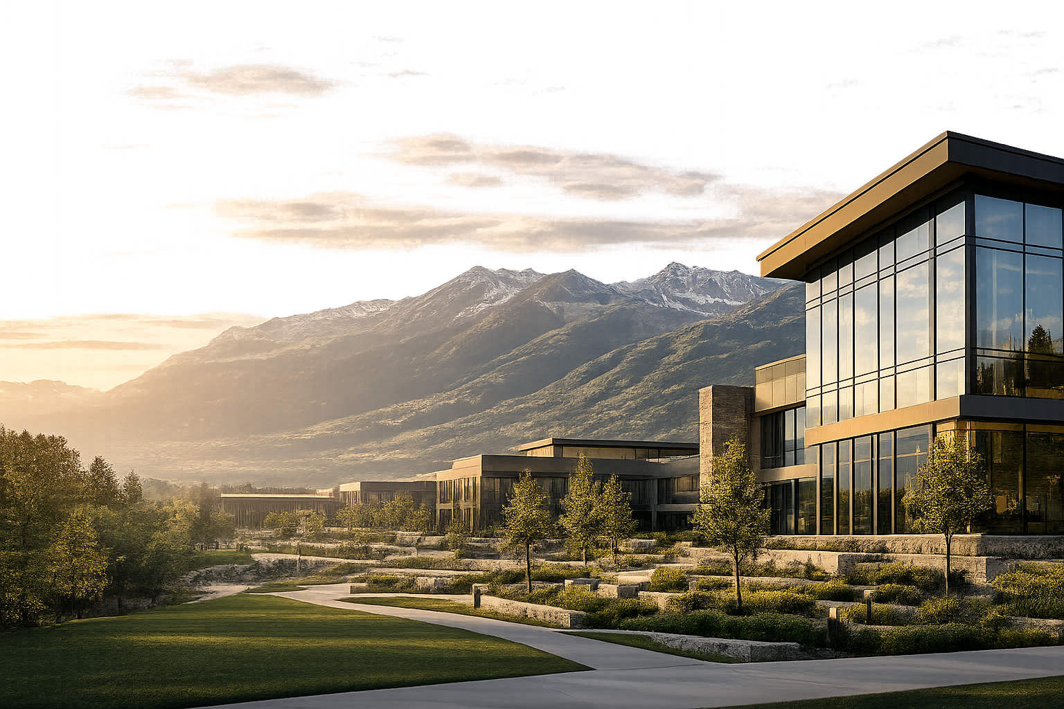Modern executive office campus with mountain backdrop representing Green Peak Management's strategic growth and operational excellence Modern executive office campus with mountain backdrop representing Green Peak Management's strategic growth and operational excellence