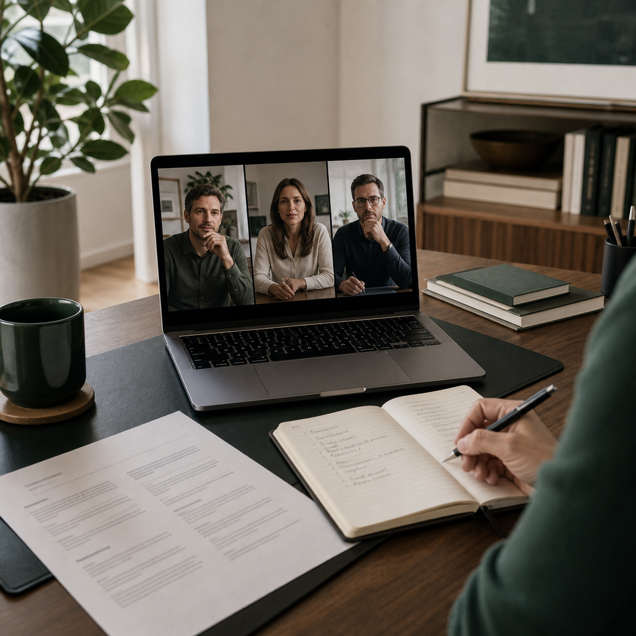 Executive participating remotely in an operating and financial review.